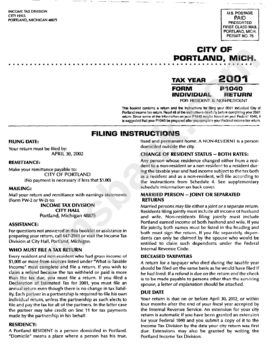 Form P1040 - Individual Return For Resident And Non-Resident - City Of Portland, Michigan - 2001