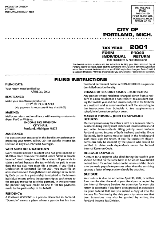 Form P1040 - Individual Return For Resident And Non-Resident - City Of Portland, Michigan - 2001 Printable pdf