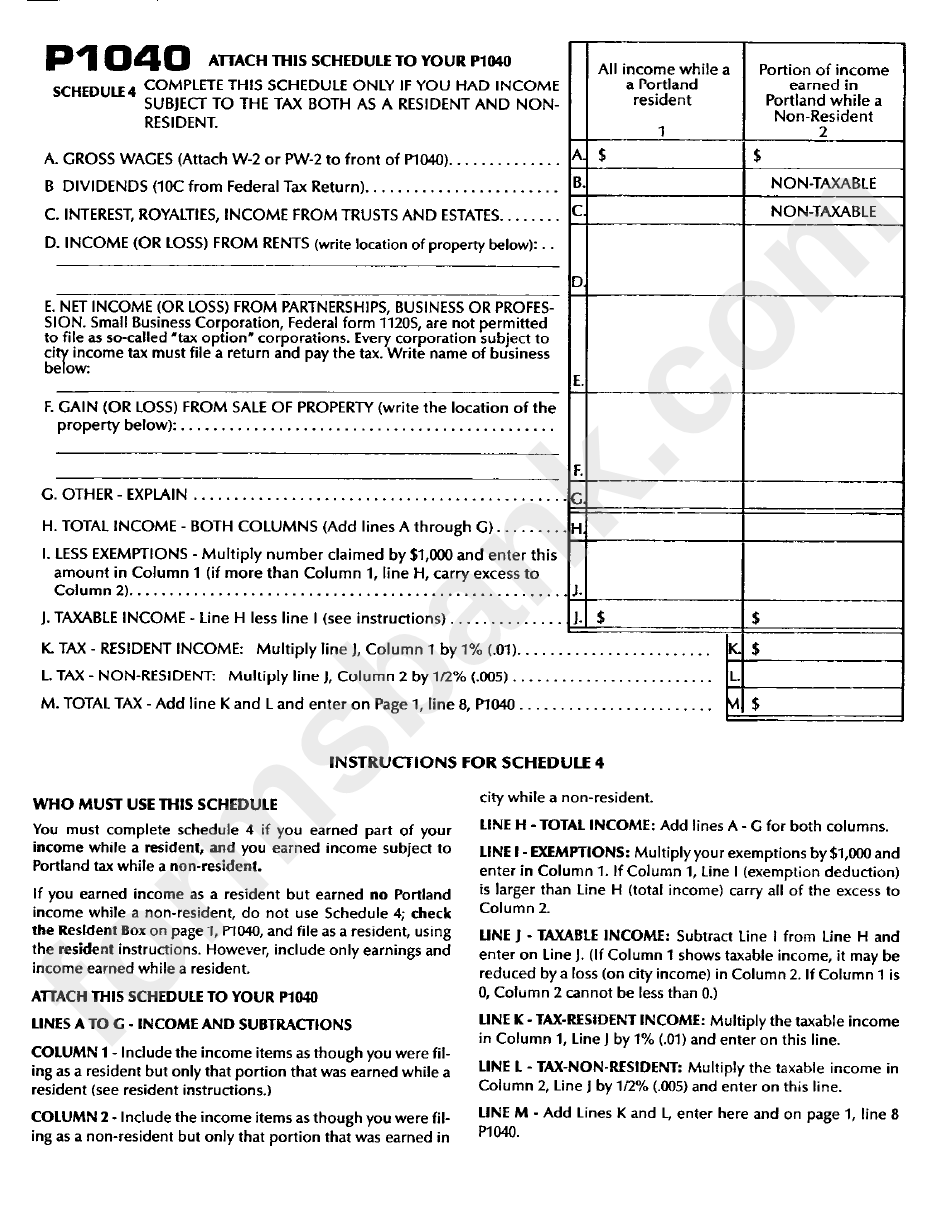 Form P1040 - Individual Return For Resident And Non-Resident - City Of Portland, Michigan - 2001