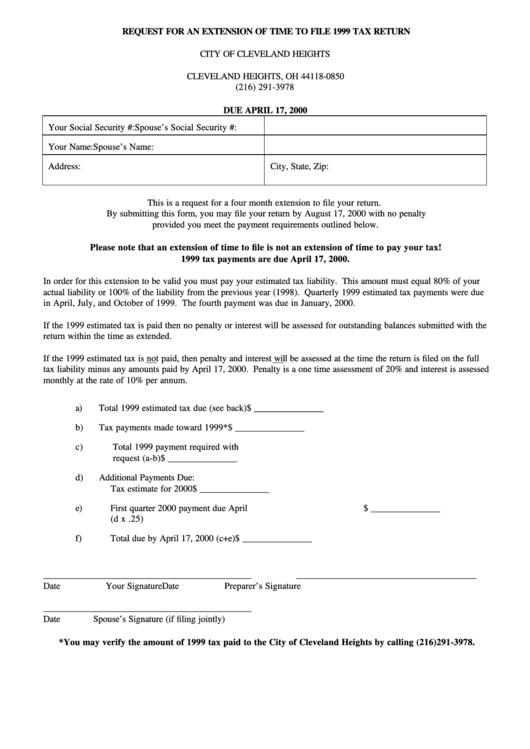 Request For An Extension Of Time To File 1999 Tax Return Form - City Of Cleveland Heights, Ohio Printable pdf