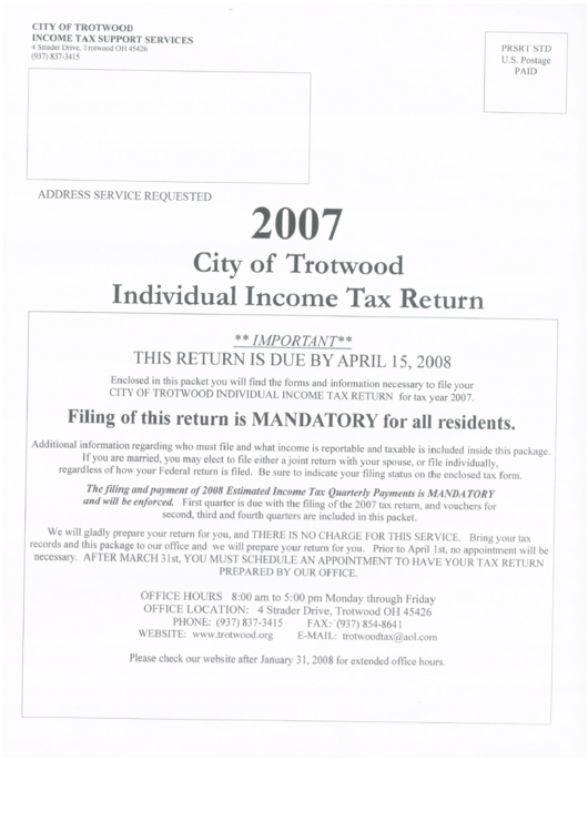Instructions For City Of Trotwood Individual Income Tax Return - 2007 Printable pdf