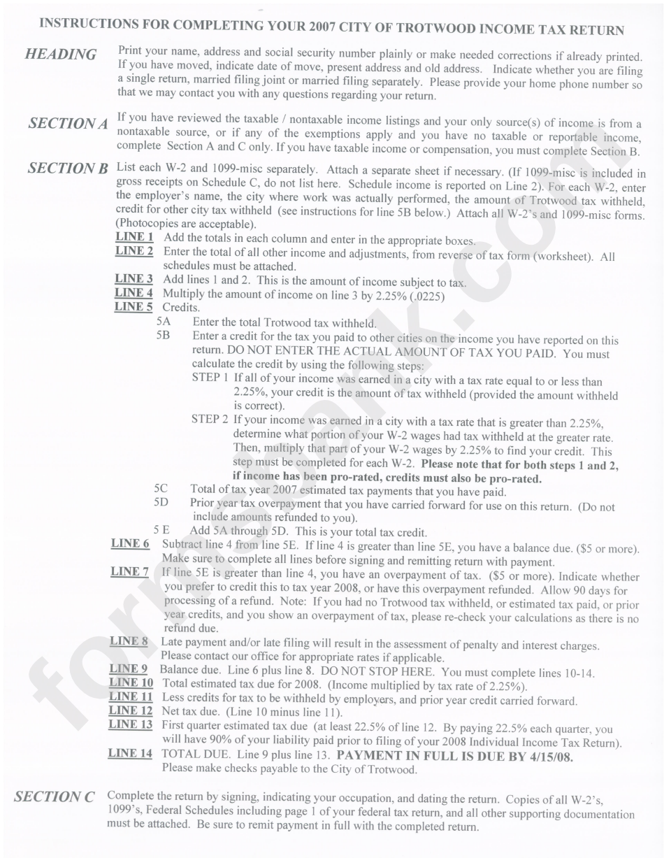 Instructions For City Of Trotwood Individual Income Tax Return - 2007