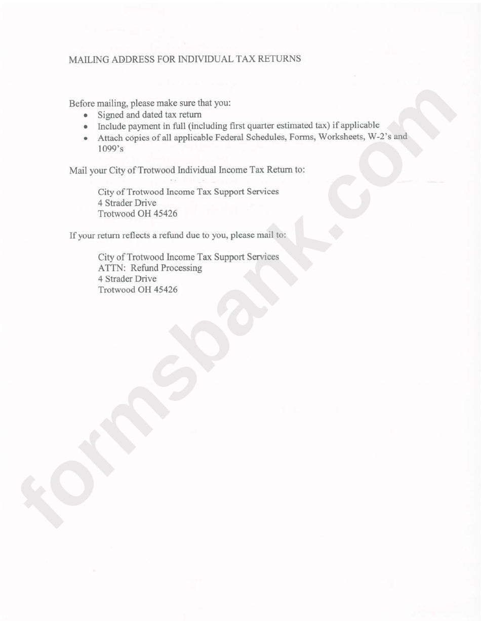 Instructions For City Of Trotwood Individual Income Tax Return - 2007