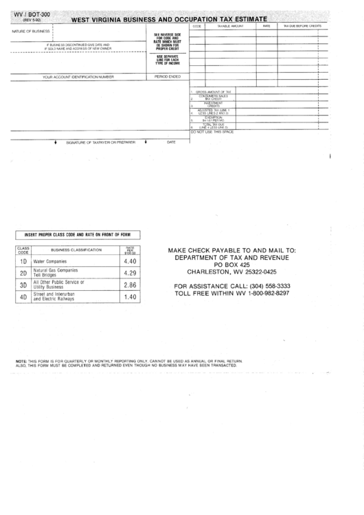 Form Wv/bot-300 - West Virginia Busine And Occuption Tax Estimate Printable pdf