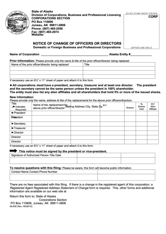 Fillable Form 08-636 - Notice Of Change Of Officers Or Directors Printable pdf