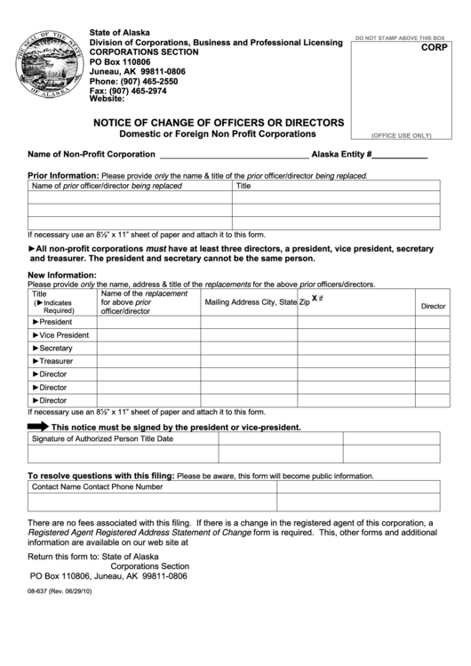 Fillable Form 08-637 - Notice Of Change Of Officers Or Directors Printable pdf