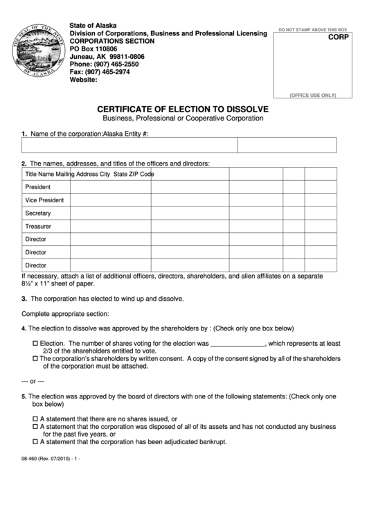 Fillable Form 08-460 - Certificate Of Election To Dissolve Printable pdf