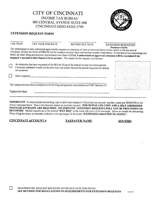 Form E-1 - Extension Request Form - Cincinnati Income Tax Bureau Printable pdf