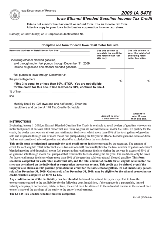 Form Ia 6478 - Iowa Ethanol Blended Gasoline Income Tax Credit - 2009 Printable pdf