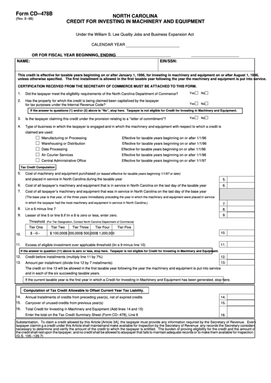 Fillable Form Cd-478b - Credit For Investing In Machinery And Equipment - North Carolina Printable pdf