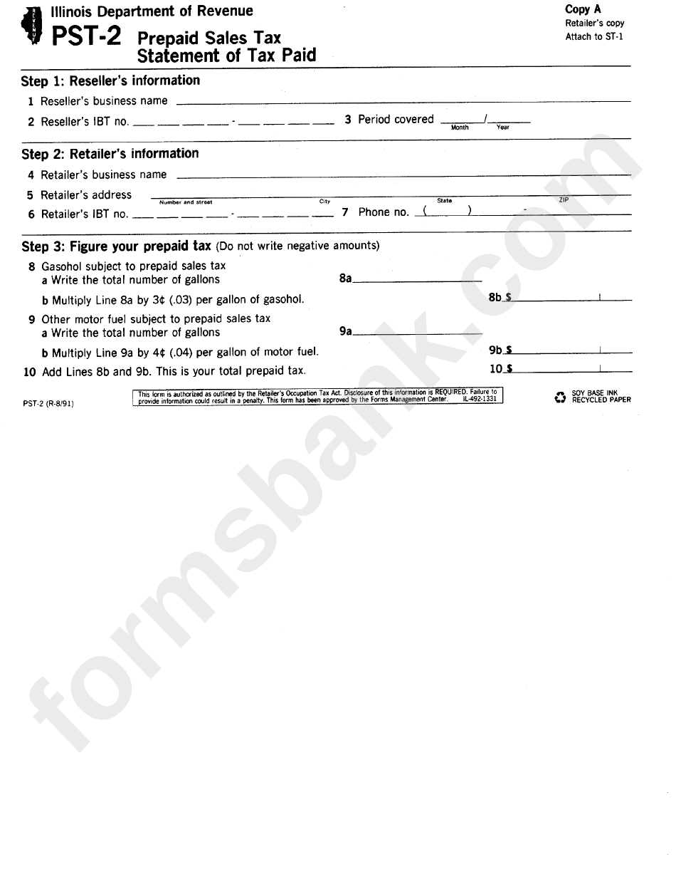 Form Pst-2 - Prepaid Sales Tax Statement Of Tax Paid - Illinois Department Of Revenue