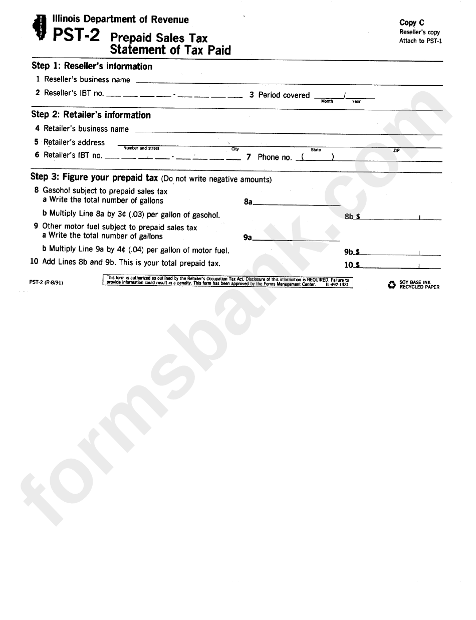 Form Pst-2 - Prepaid Sales Tax Statement Of Tax Paid - Illinois Department Of Revenue