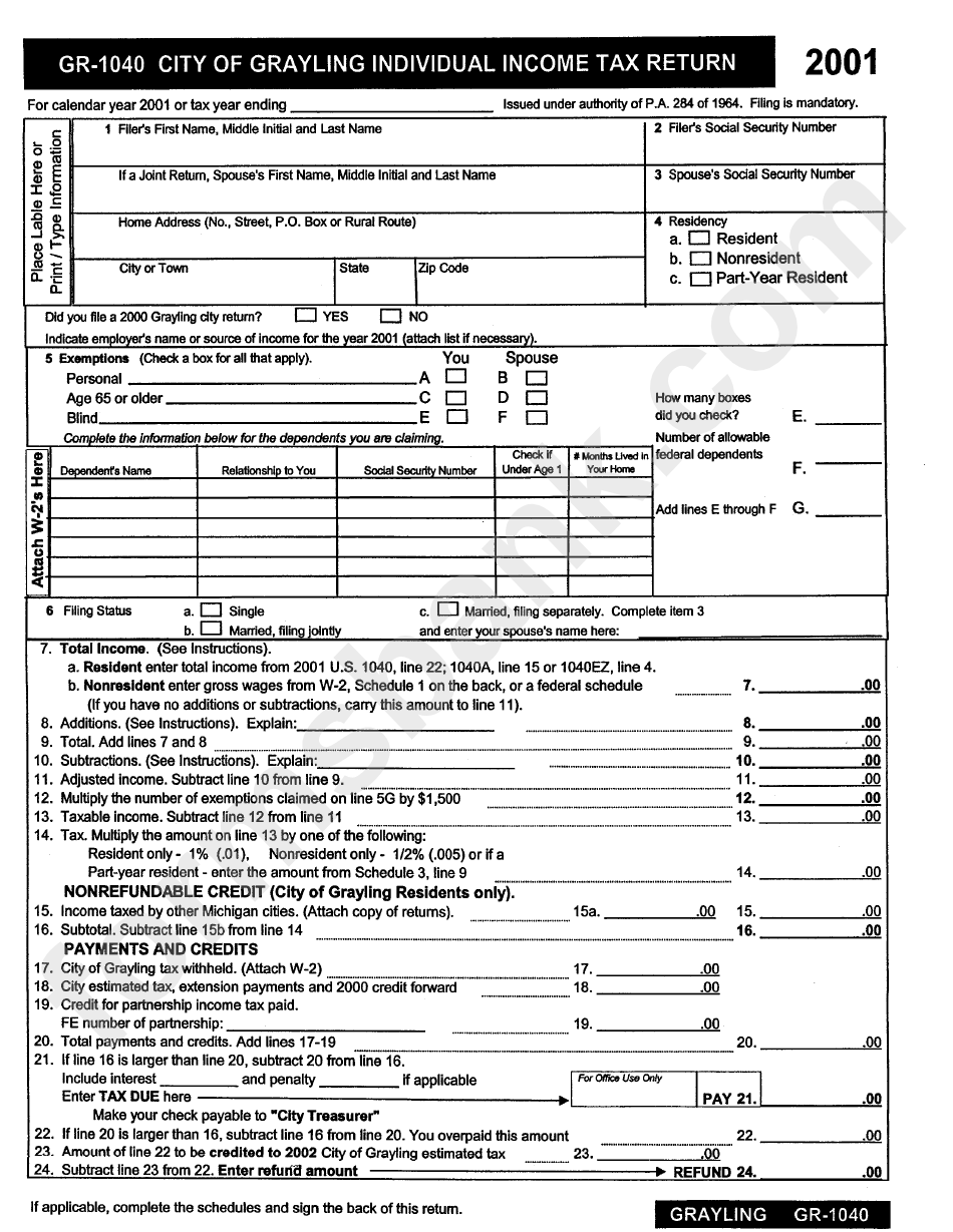 Form Gr-1040 - City Of Grayling Individual Income Tax Rturn - 2001