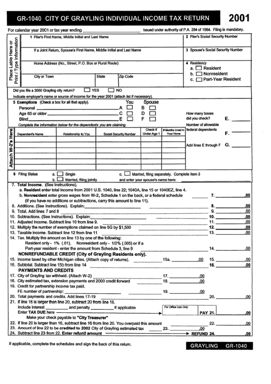 Form Gr-1040 - City Of Grayling Individual Income Tax Rturn - 2001 Printable pdf