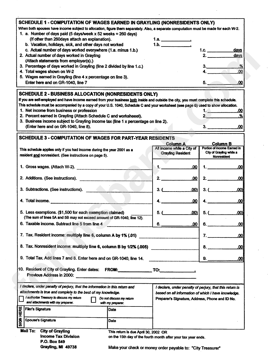 Form Gr-1040 - City Of Grayling Individual Income Tax Rturn - 2001