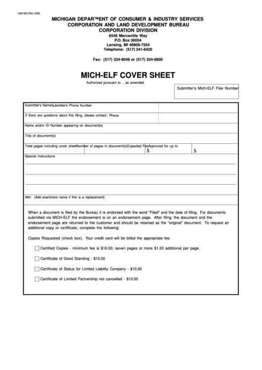 Form C&s 900 - Mich-Elf Cover Sheet - 2000 Printable pdf