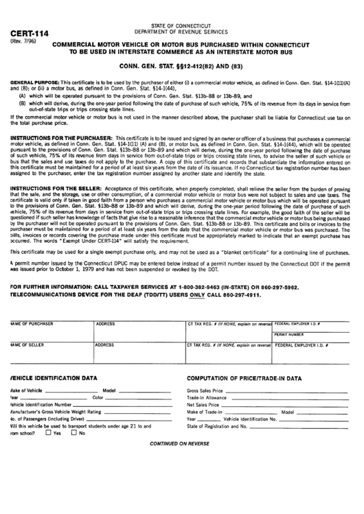 Fillable Form Cert-114 - Commercial Motor Vehicle Or Motor Bus Purchased Within Connecticut To Be Used In Interstate Commerce As An Interstate Motor Bus - Connecticut Department Of Revenue Services Printable pdf