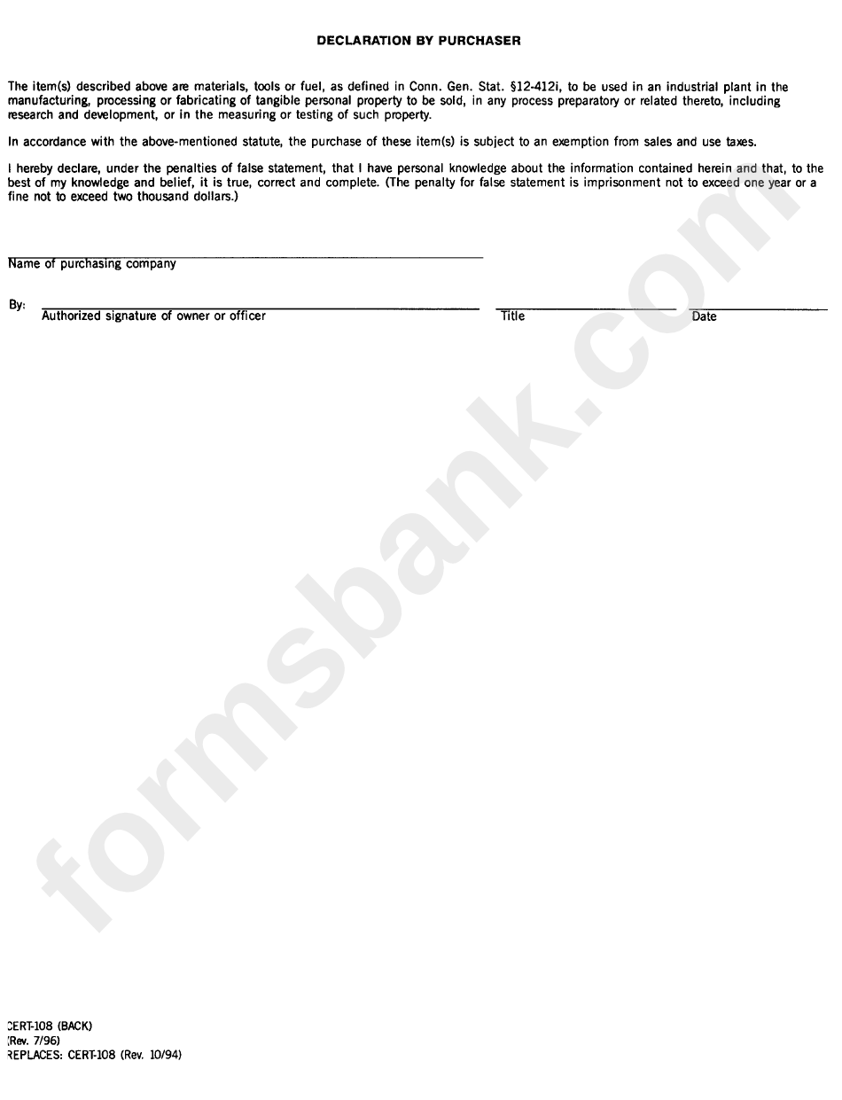Form Cert-108 - Certificate Of Partial Exemption Materials, Tools And Fuels - Connecticut Department Of Revenue Services