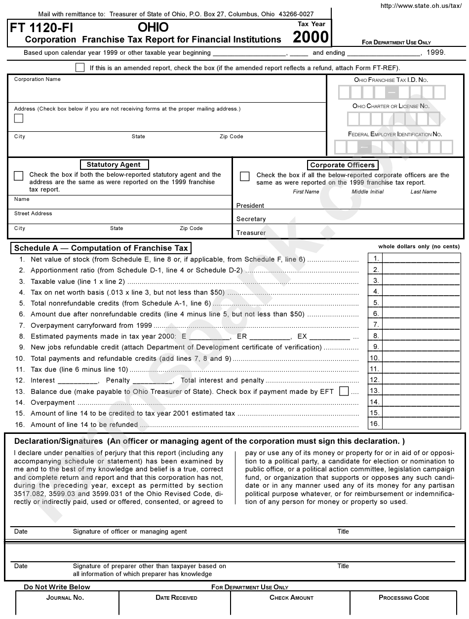Form Ft1120-Fi - Corporation Franchise Tax Report For Financial Institutions - 2000