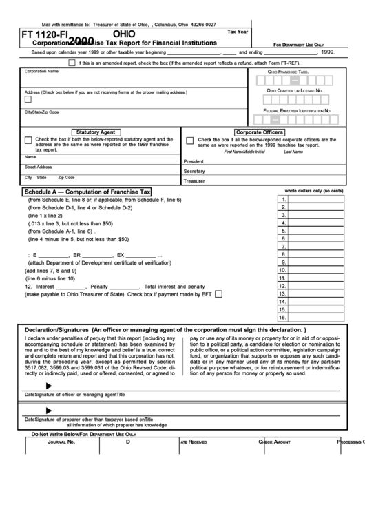 Form Ft1120-Fi - Corporation Franchise Tax Report For Financial Institutions - 2000 Printable pdf