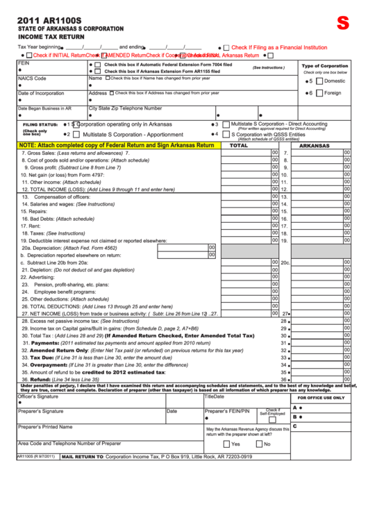 Fillable Form Ar1100s - State Of Arkansas S Corporation Income Tax Return - 2011 Printable pdf