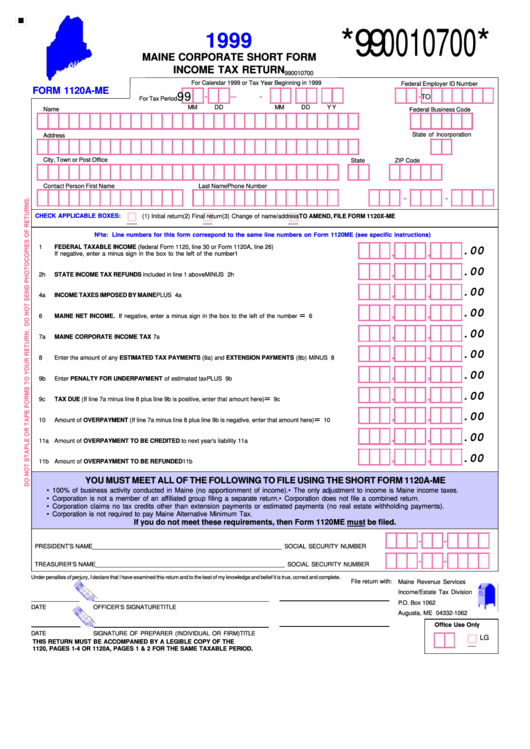 Form 1120a-Me - Maine Corporate Short Form Income Tax Return - 1999 Printable pdf
