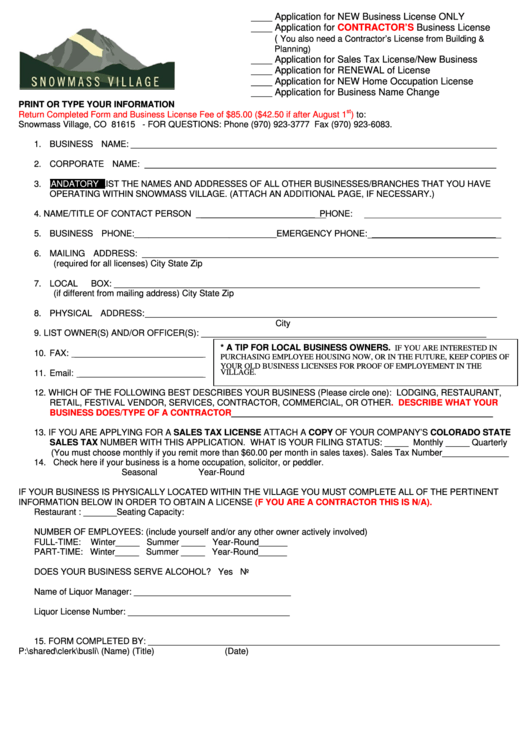 Snowmass Village Application For License Printable pdf