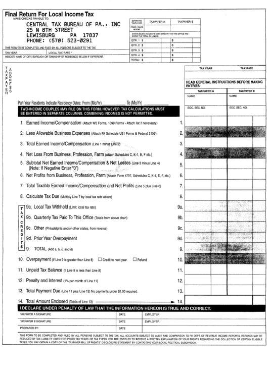 Final Return For Local Income Tax printable pdf download