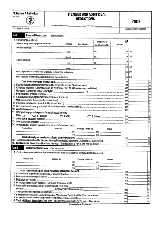 Schedule A Individual - Itemized And Additional Deductions - 2003 Printable pdf
