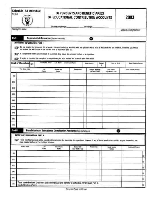 Schedule A1 Individual - Dependents And Beneficiaries Of Educational Contribution Accounts - 2003 Printable pdf