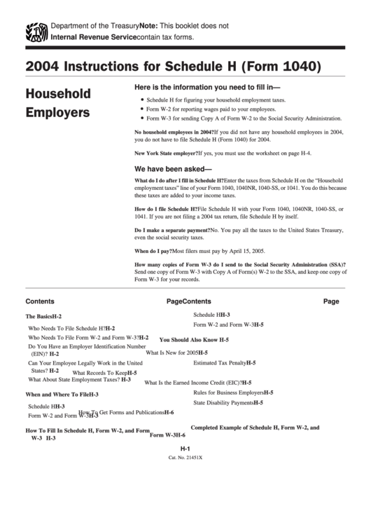 Instructions For Schedule H (Form 1040) - Household Employers - 2004 Printable pdf