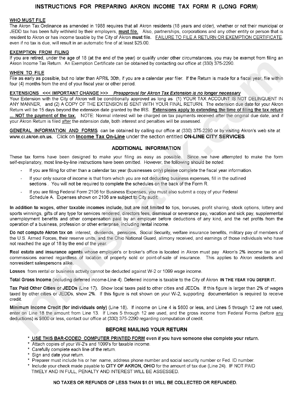 Instructions For Form R (Long Form) - Akron Income Tax