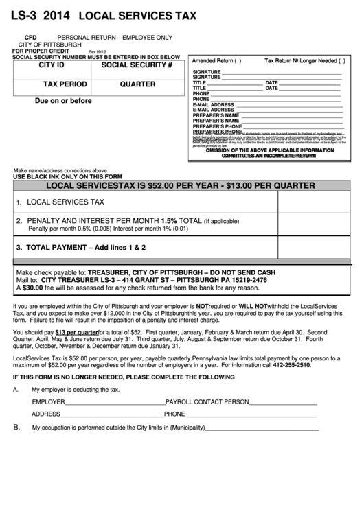 Form Ls-3 - Local Services Tax Personal Return - 2014 Printable pdf