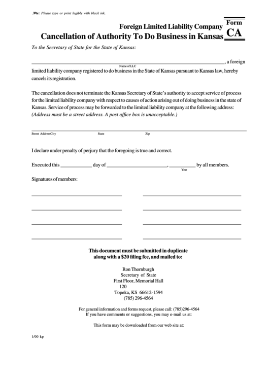 Form Ca - Foreign Limited Liability Company Cancellation Of Authority To Do Business In Kansas Printable pdf