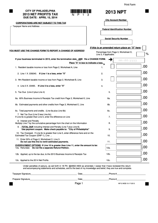 Fillable Form Npt - Net Profits Tax - City Of Philadelphia - 2013 Printable pdf