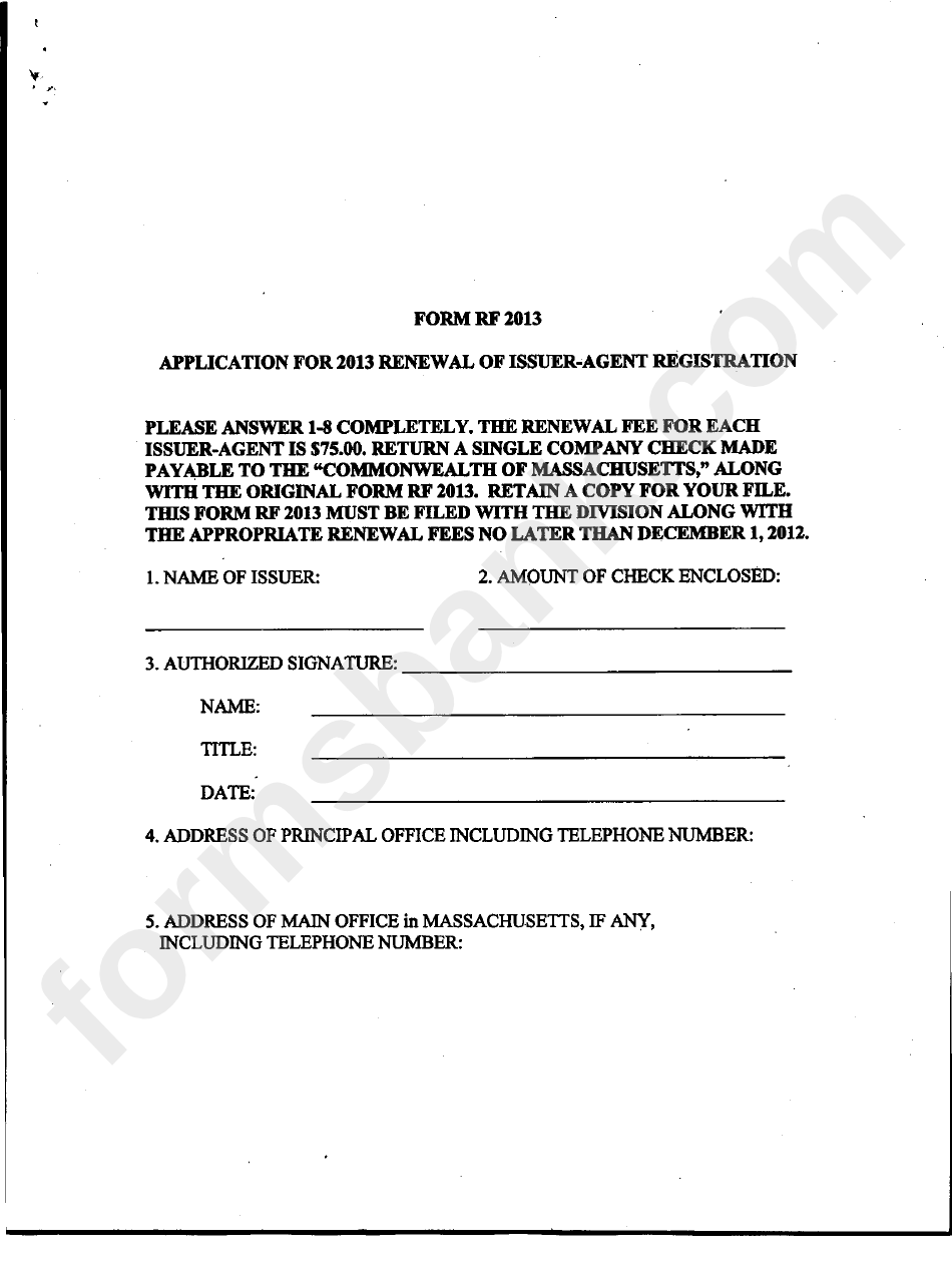Form Rf - Application For 2013 Renewal Of Issuer-Agent Registration