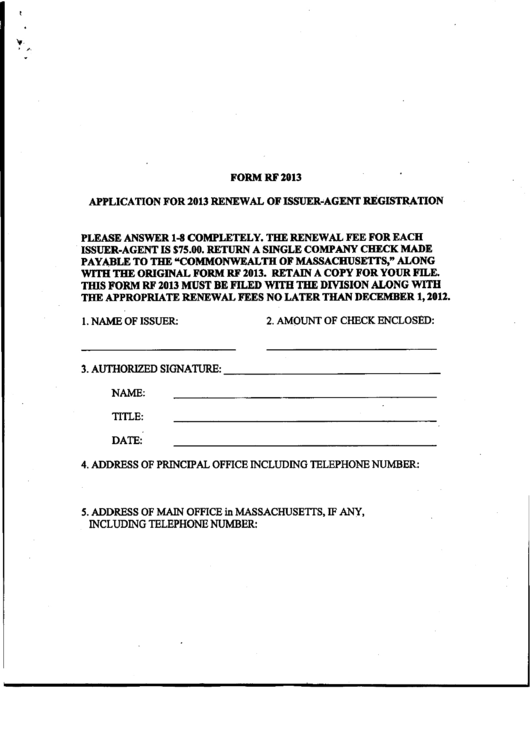 Form Rf - Application For 2013 Renewal Of Issuer-Agent Registration Printable pdf