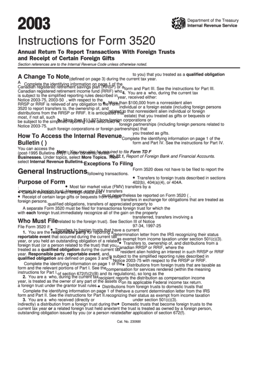 Instructions For Form 3520 - Annual Return To Report Transactions With Foreign Trusts And Receipt Of Certain Foreign Gifts - 2003 Printable pdf