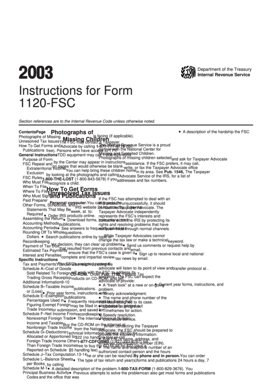 Instructions For Form 1120-Fsc - U.s. Income Tax Return Of A Foreign Sales Corporation - 2003 Printable pdf