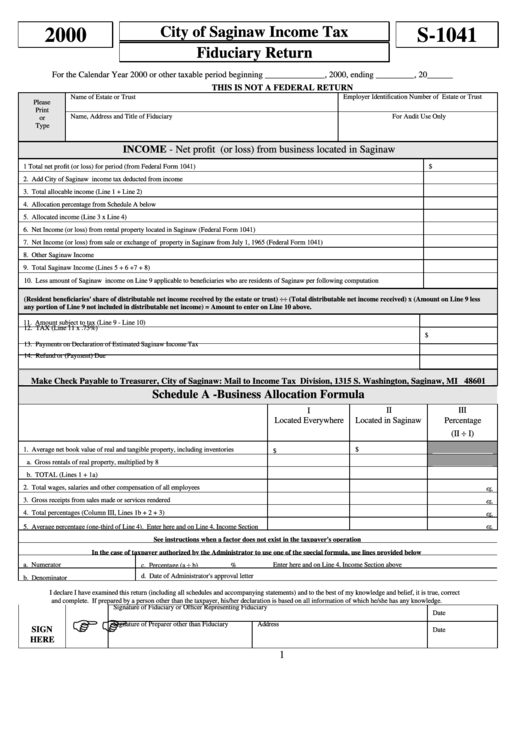 Form S-1041 - City Of Saginaw Income Tax Fiduciary Return - 2000 Printable pdf