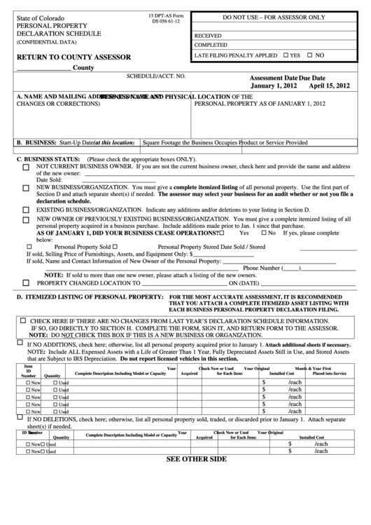 Fillable 15 Dpt-As Form Ds 056 - Personal Property Declaration Schedule - 2012 Printable pdf