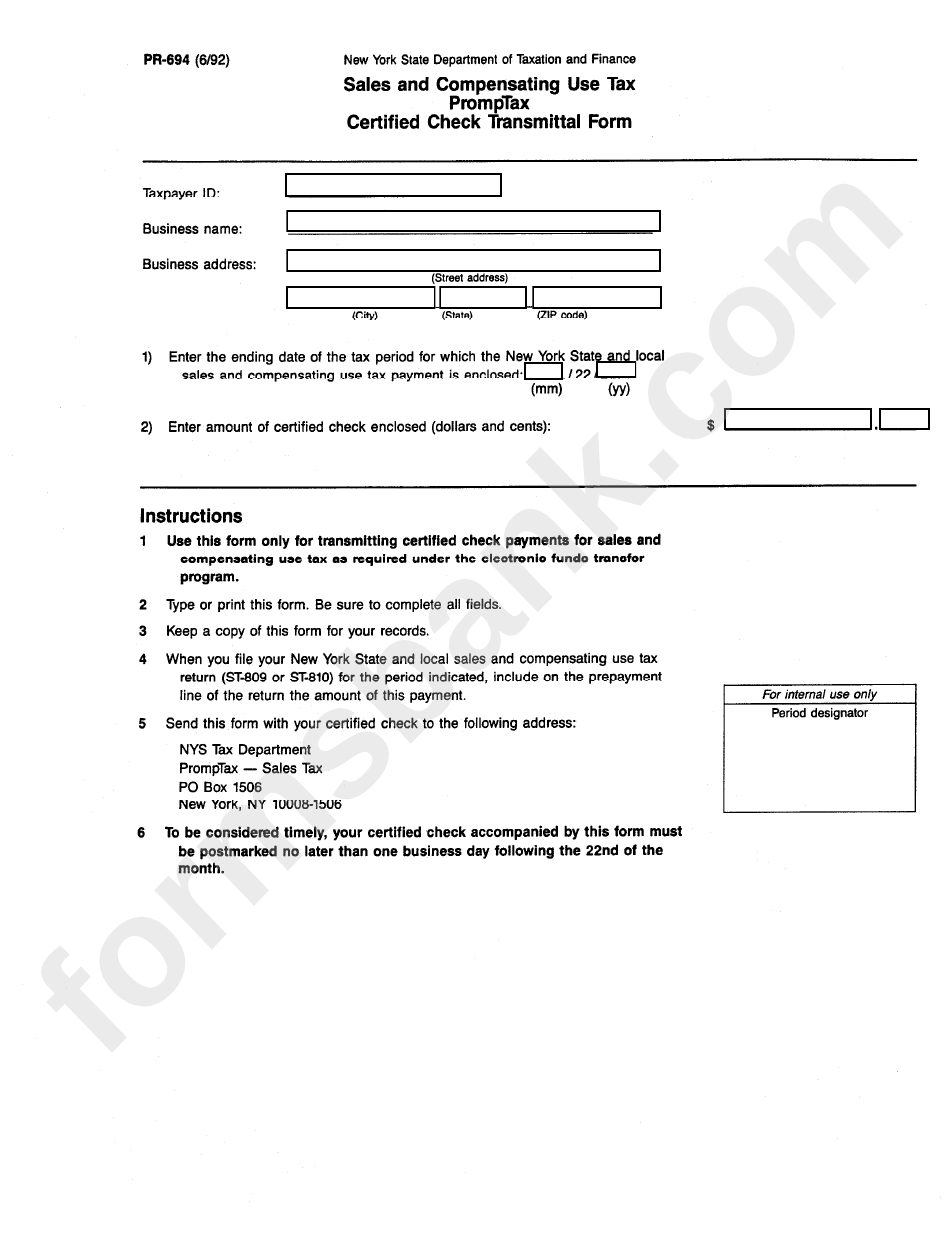 Form Pr-694 - Sales And Compensating Use Tax Promptax Certified Check Transmittal Form