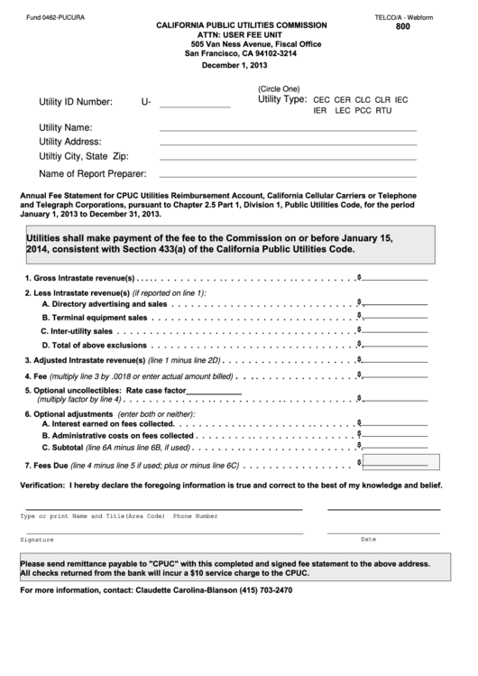 Form 800 - Annual Fee Statement For Cpuc Utilities Reimbursement Account - 2013 Printable pdf