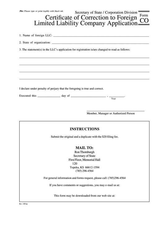 Form Co - Certificate Of Correction To Foreign Limited Liability Company Application Printable pdf