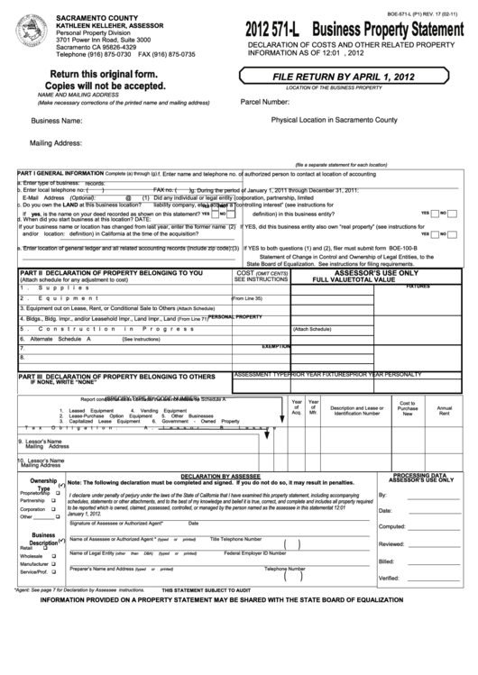 Fillable Form Boe-571-L - Business Property Statement - 2012 Printable pdf