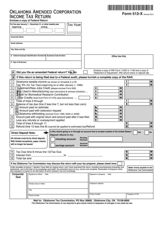 Fillable Form 512-X - Oklahoma Amended Corporation Income Tax Return - 2012 Printable pdf