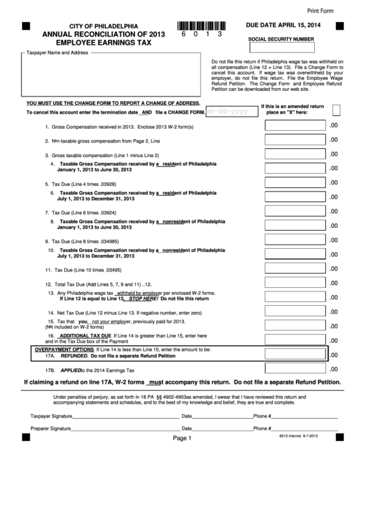 Fillable Annual Reconciliation Of 2013 Employee Earnings Tax - City Of Philadelphia Printable pdf