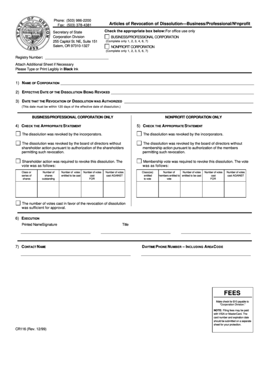 Fillable Form Cr116 - Articles Of Revocation Of Dissolution For A Business/professional/nonprofit Corporation - Nebraska Secretary Of State Printable pdf