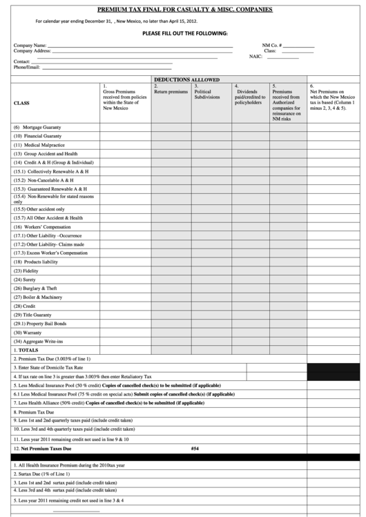 Fillable Form 301 - Premium Tax Final For Casualty & Misc. Companies - 2011 Printable pdf