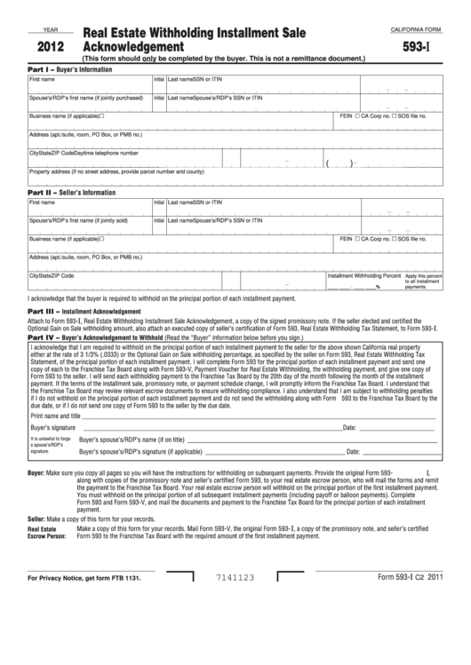 California Form 593-I - Real Estate Withholding Installment Sale Acknowledgement - 2012 Printable pdf